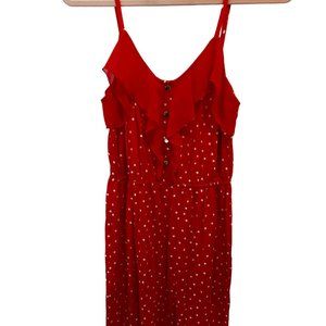 Red/White polka dot mini dress with spaghetti straps.